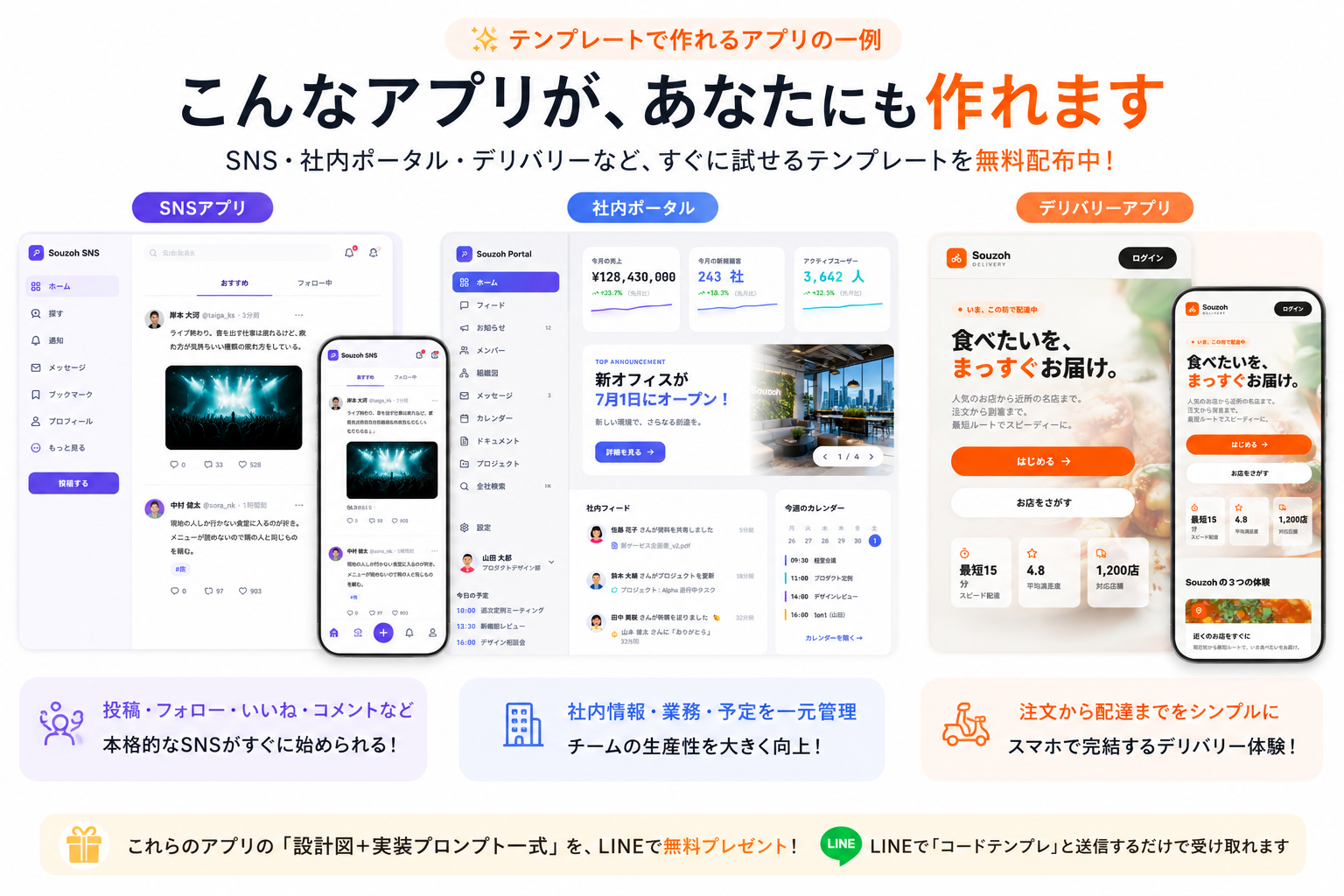 Claude Codeで作れるアプリの例——SNSアプリ・社内ポータル・デリバリーアプリの画面