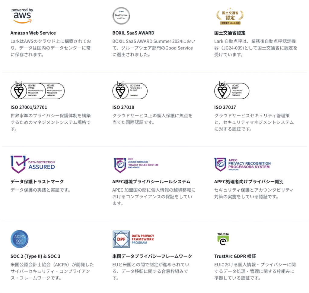 Larkが認定を受けている国際的な機関リスト