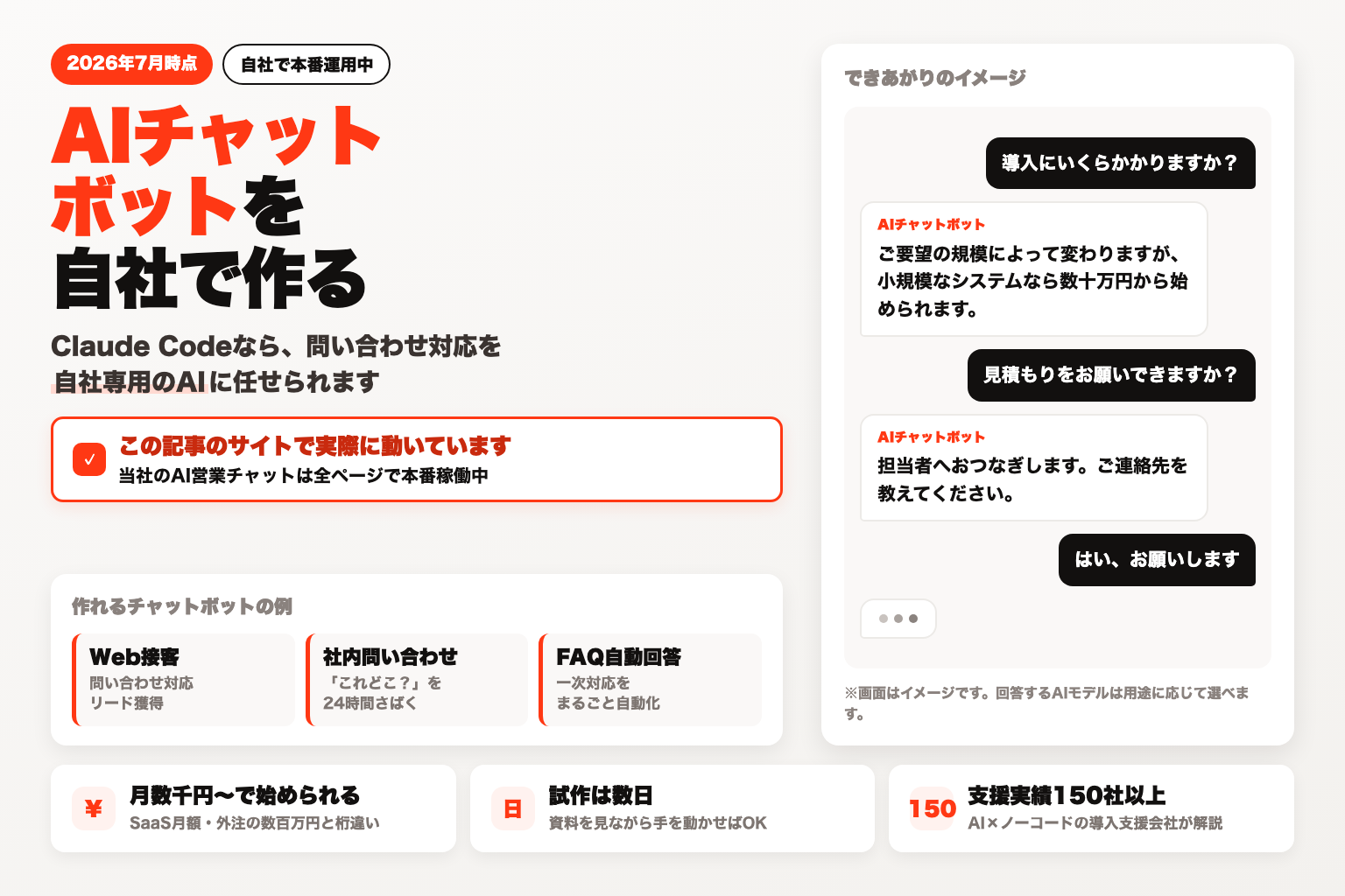 Claude CodeでAIチャットボットを自社開発するイメージ（Web接客・社内問い合わせ・FAQ自動回答）
