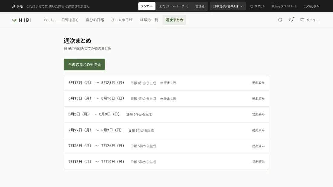 週次まとめの一覧。日報から組み立てた週のまとめが、生成元の日報件数と提出状況つきで並んでいる